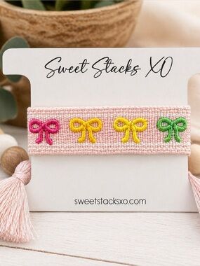 Light Pink Embroidered Woven Bow Bracelet